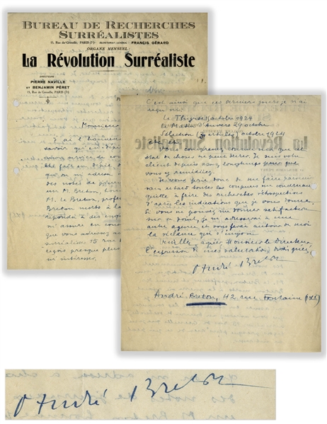 Andre Breton Autograph Letter Signed on The Surrealist Revolution Letterhead -- ''...newspapers concerning a Mr. Breton, politician, a Mr. Le Breton, professor, and even Bretons dead in the war...''
